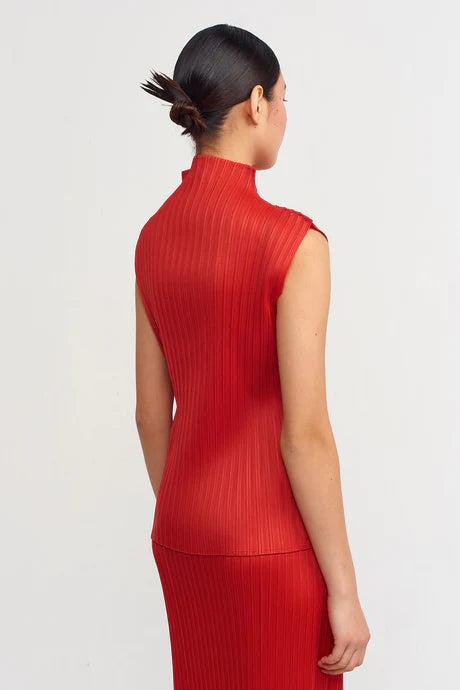 Nu Electric Pleated High Neck Solid Top Red