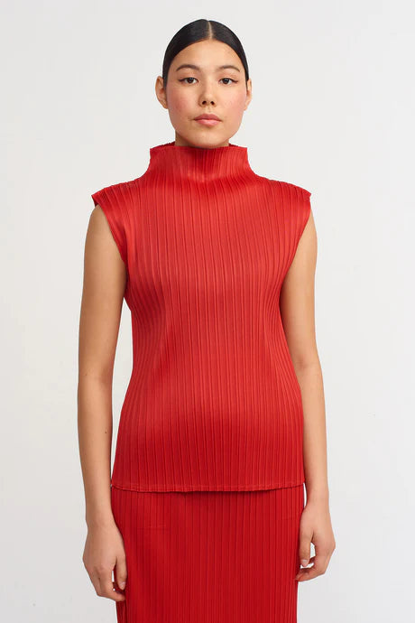 Nu Electric Pleated High Neck Solid Top Red