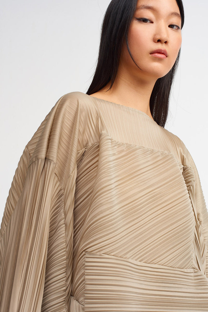 Nu Electric Pleated Designer Yoked Blouse Bronze