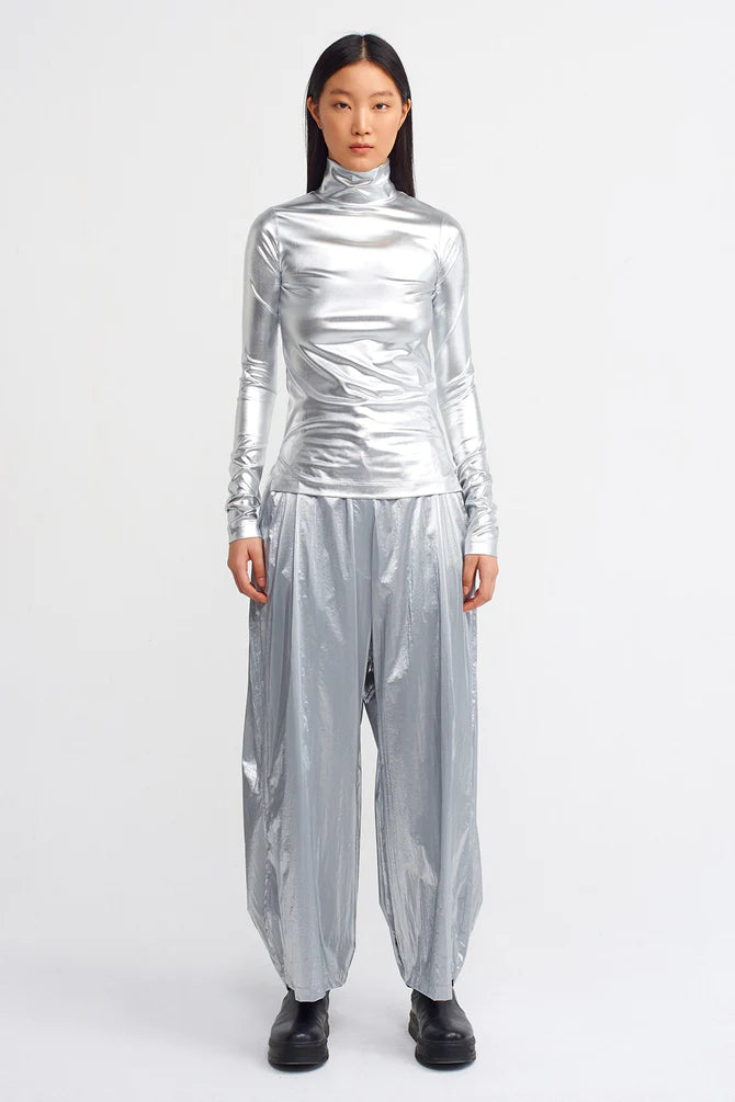 Nu High Low Metallic Lurex Top Platinum