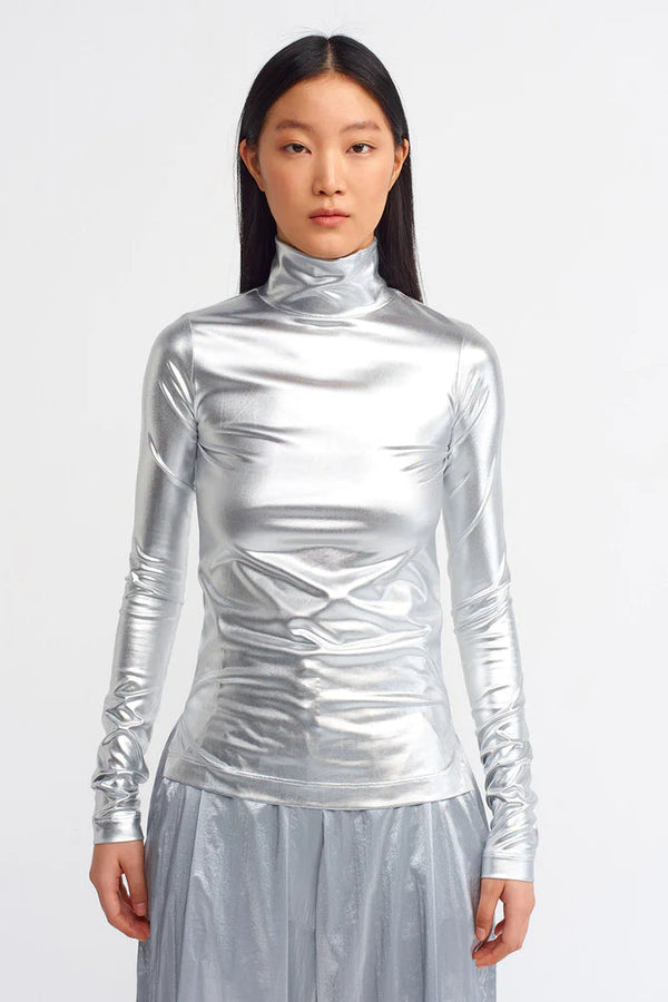 Nu High Low Metallic Lurex Top Platinum