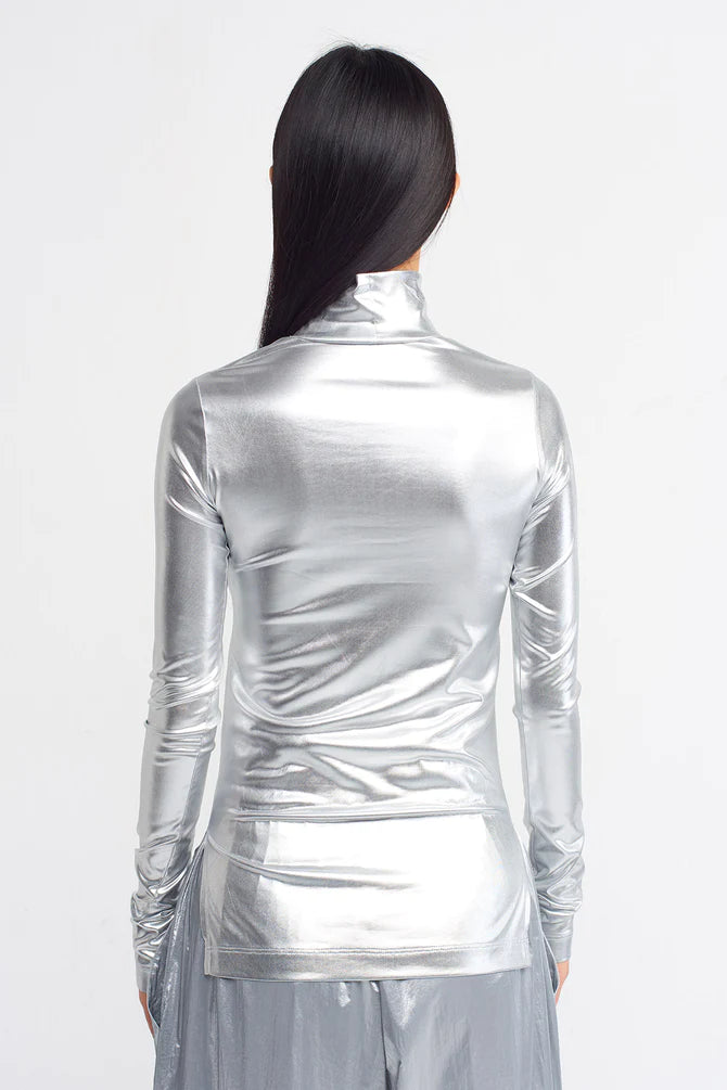 Nu High Low Metallic Lurex Top Platinum