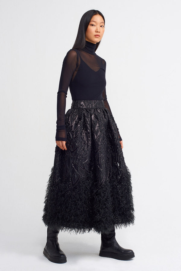 Nu Lurex Jacquard Skirt With Fringes Hem Black