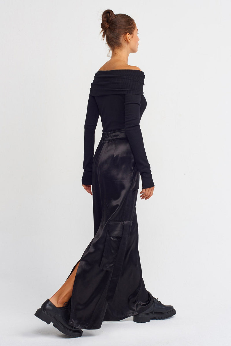 Nu Shiny Wide Leg Pants With Slit Black