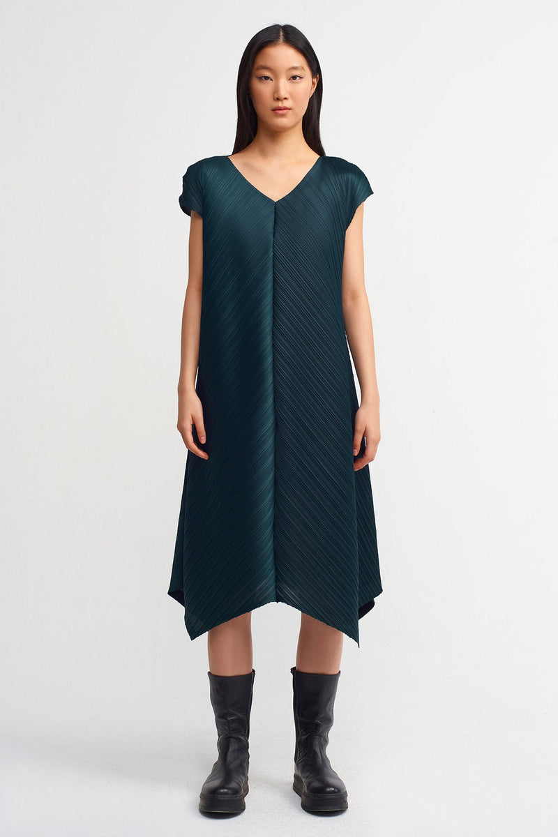 Nu Electric Pleated Handkerchief Hem Dress Petrol