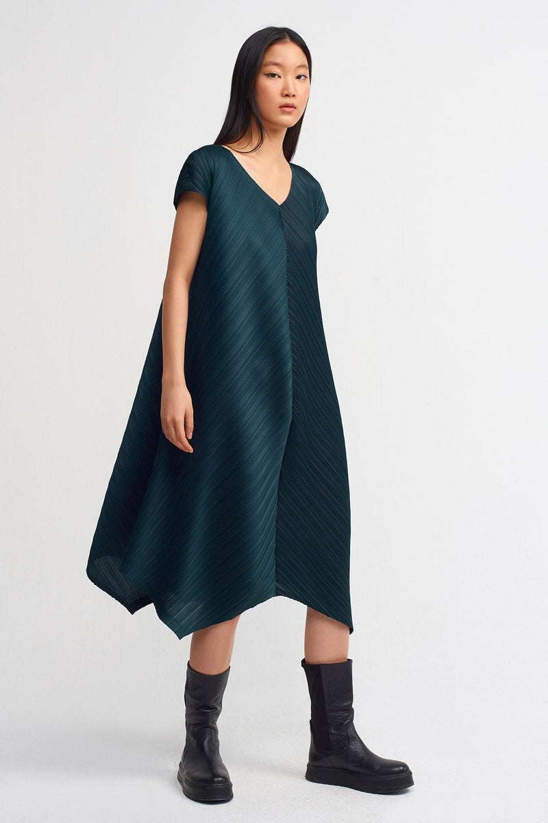 Nu Electric Pleated Handkerchief Hem Dress Petrol