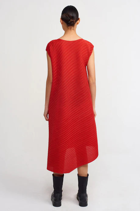 Nu Electric Pleated Solid A-Line Dress Red