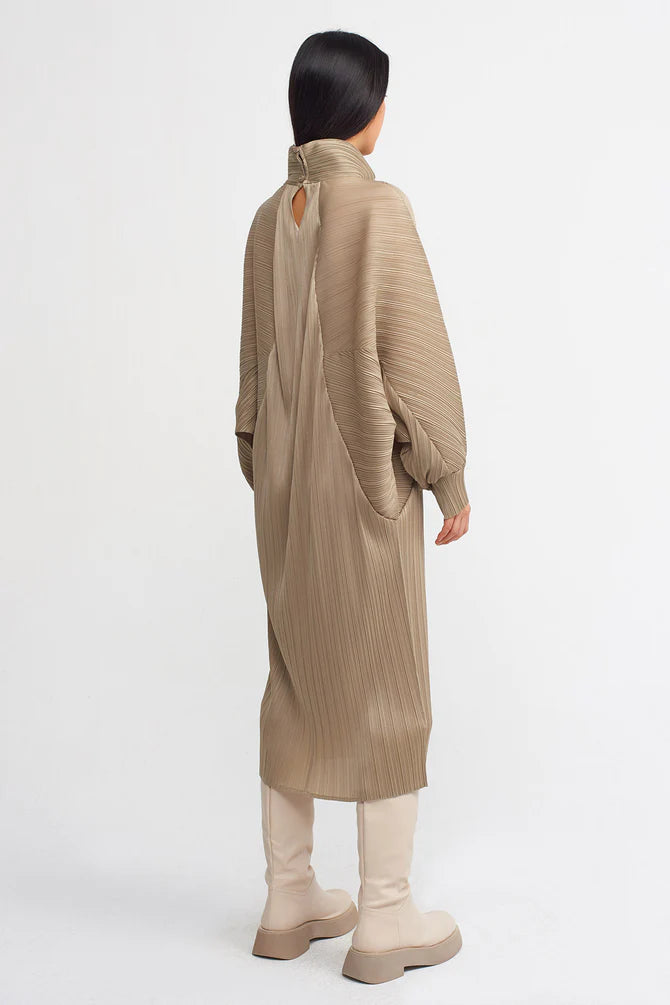 Nu Evenly Pleated Wide Sleeve Dress Bronze