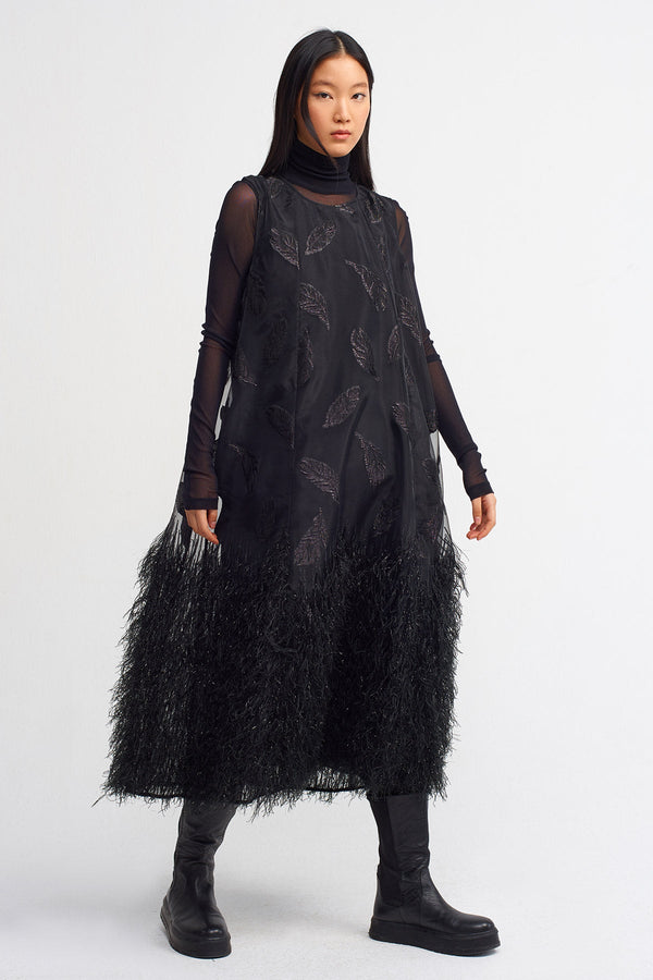 Nu Lurex Jacquard Dress With Fringed Hem Black