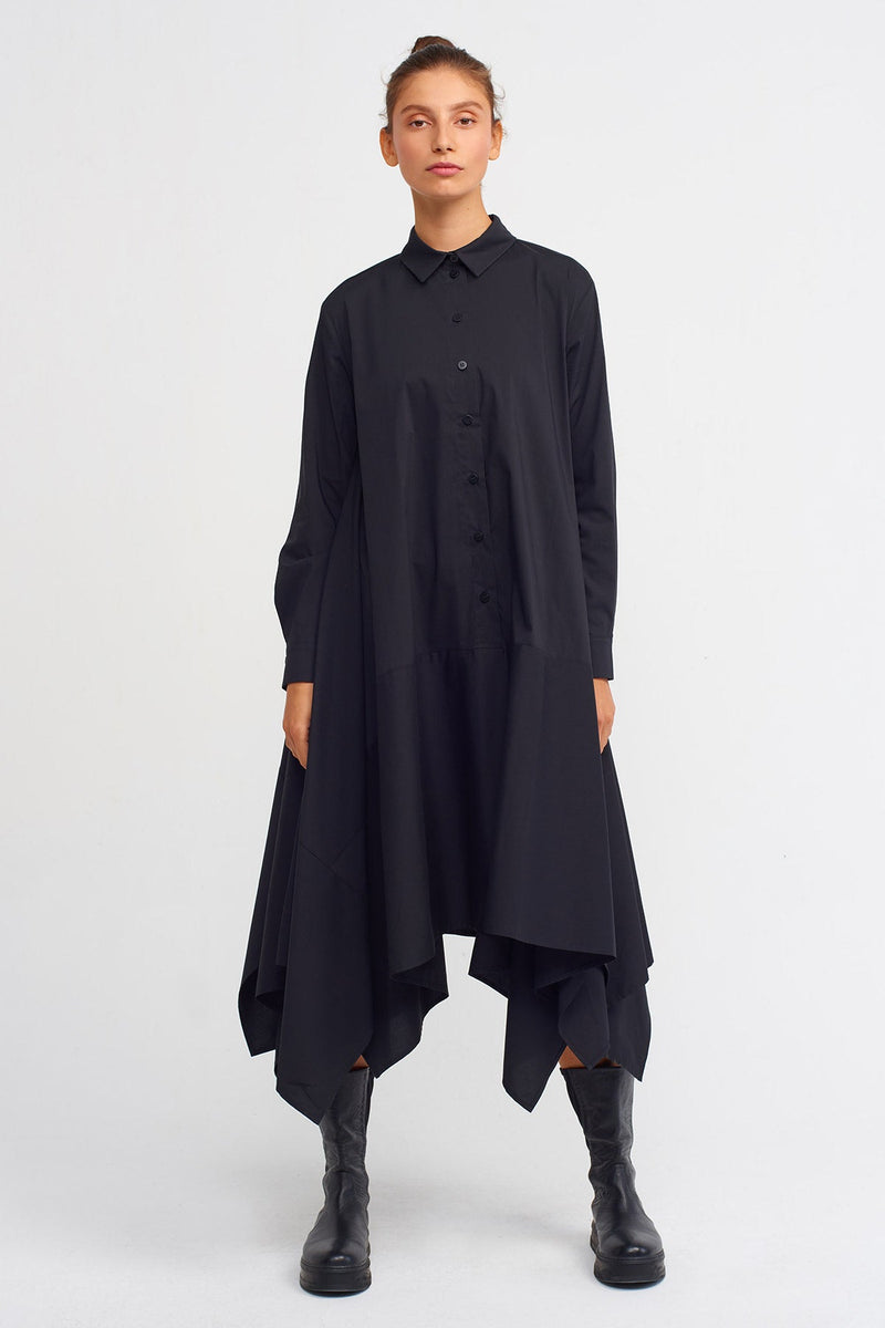 Nu Asymmetrical Flared  Dress With Placket Black