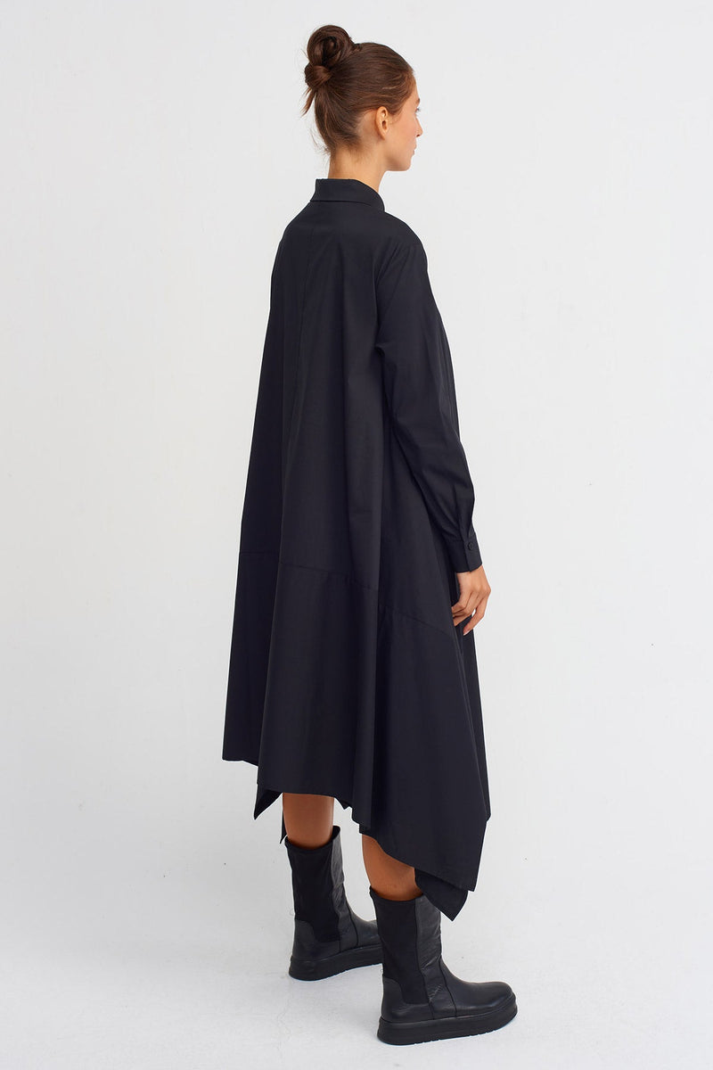 Nu Asymmetrical Flared  Dress With Placket Black