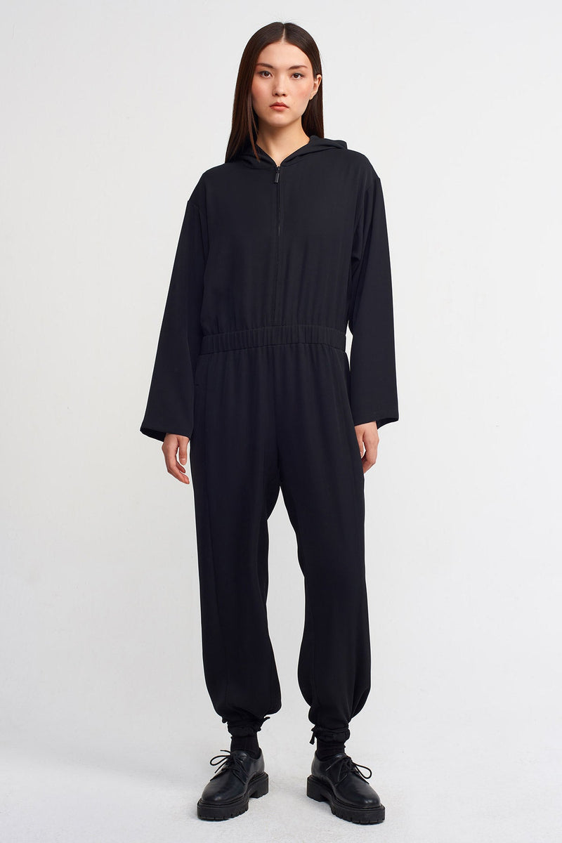 Nu Elasticated Waist Jumpsuit With Hood Black