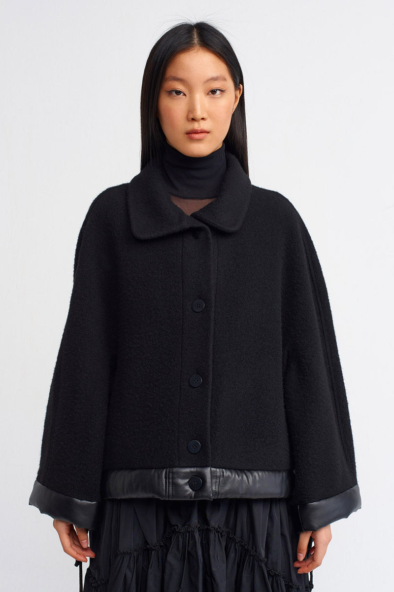 Nu Woolen Loose Jacket With Hem Strings Black