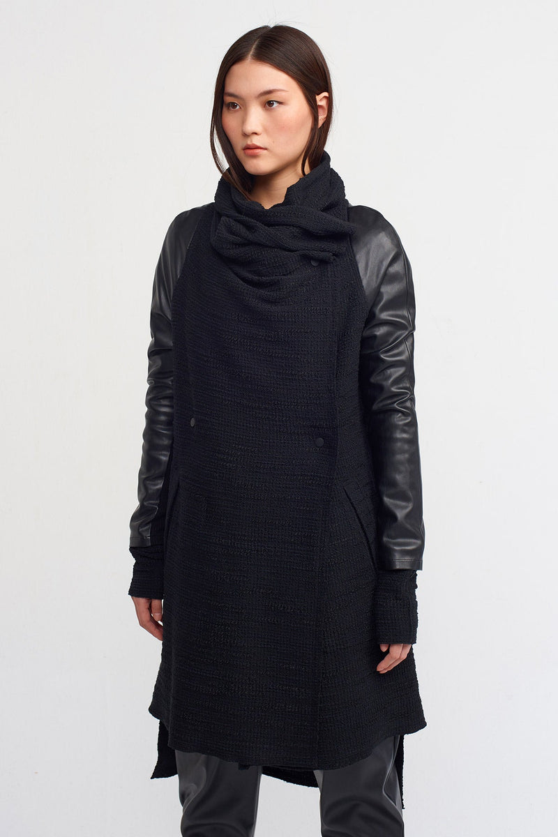 Nu Leather Sleeve Mix Knit Coat Black