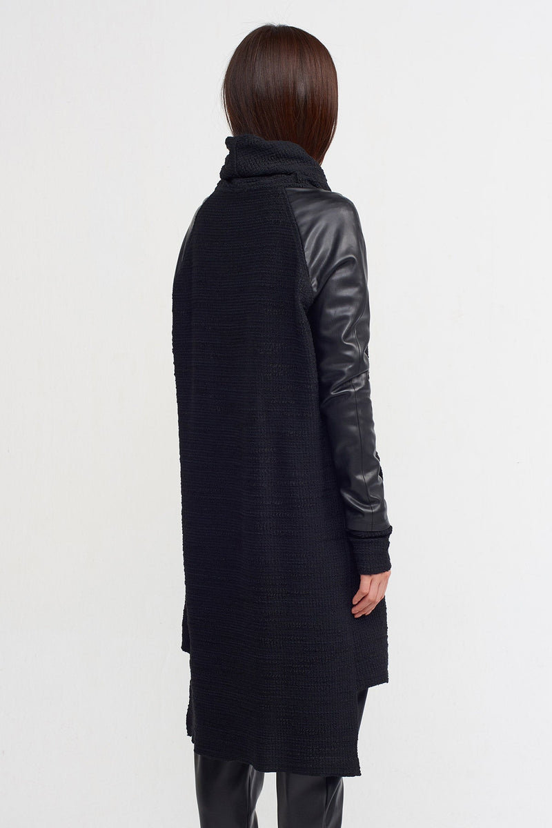 Nu Leather Sleeve Mix Knit Coat Black