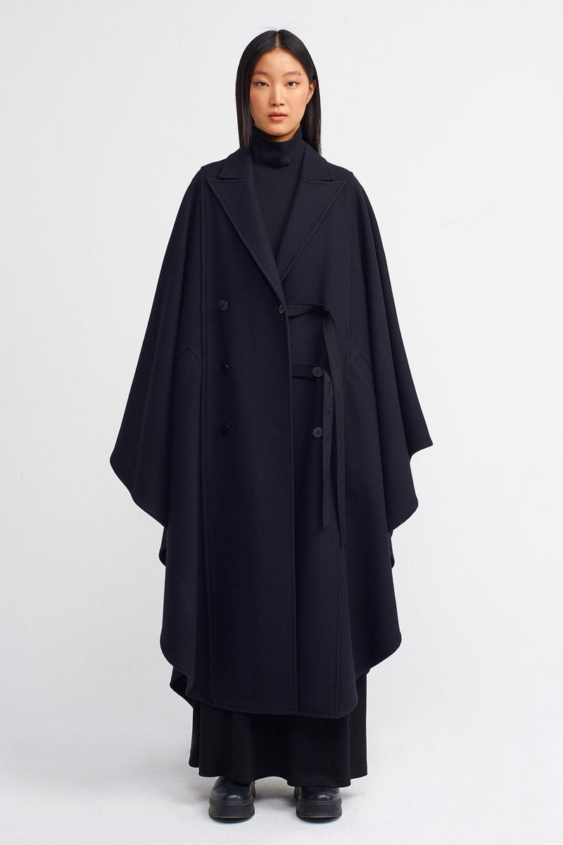 Nu Elegant Double Breasted Cape Coat Black