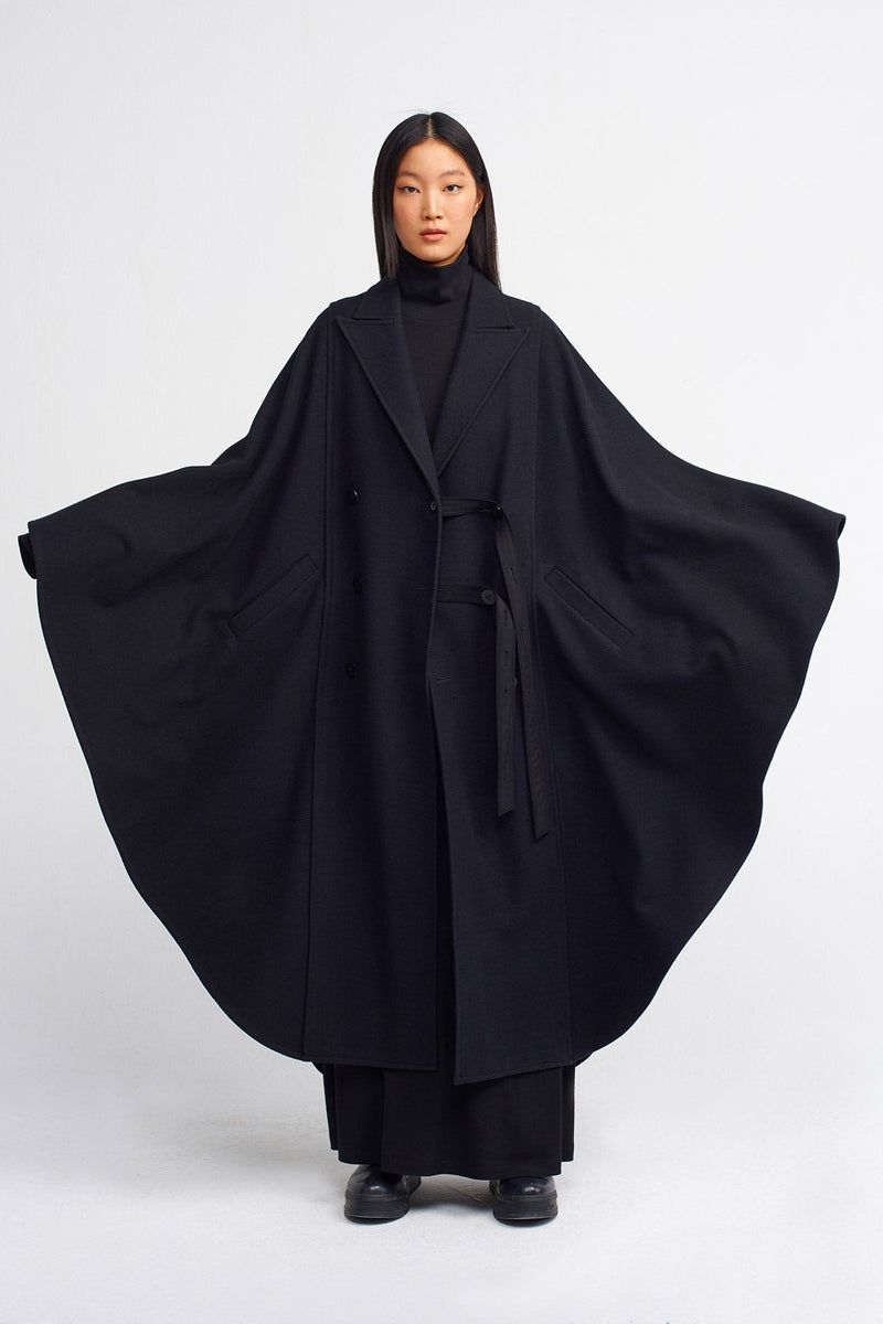 Nu Elegant Double Breasted Cape Coat Black