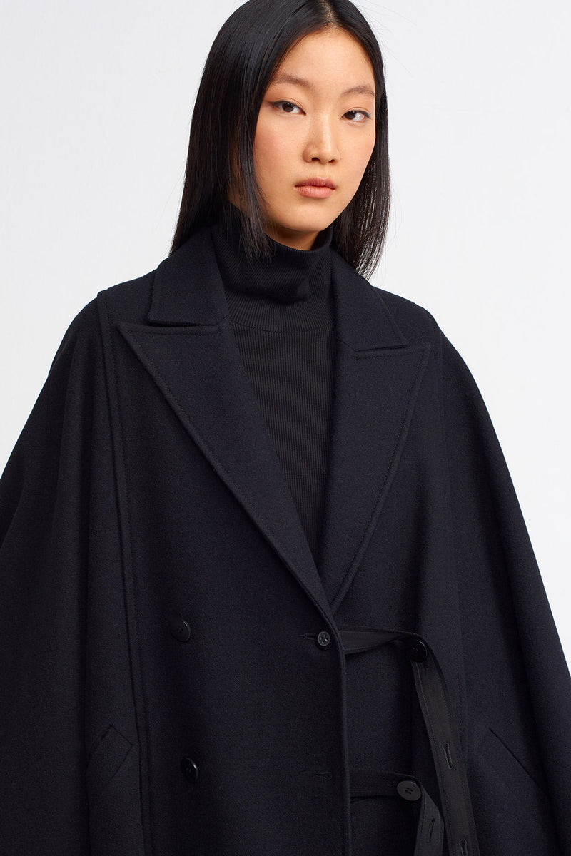 Nu Elegant Double Breasted Cape Coat Black