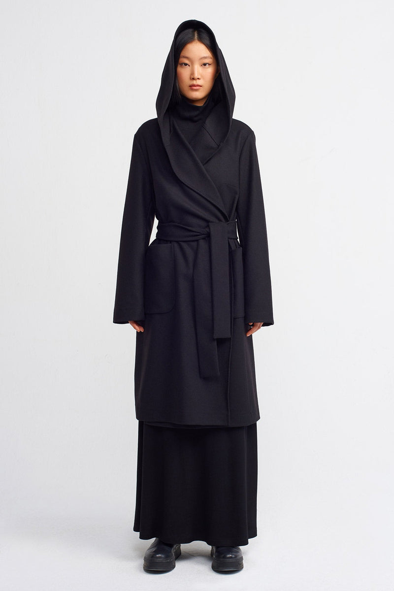 Nu Loose Midi Coat With Hood Black