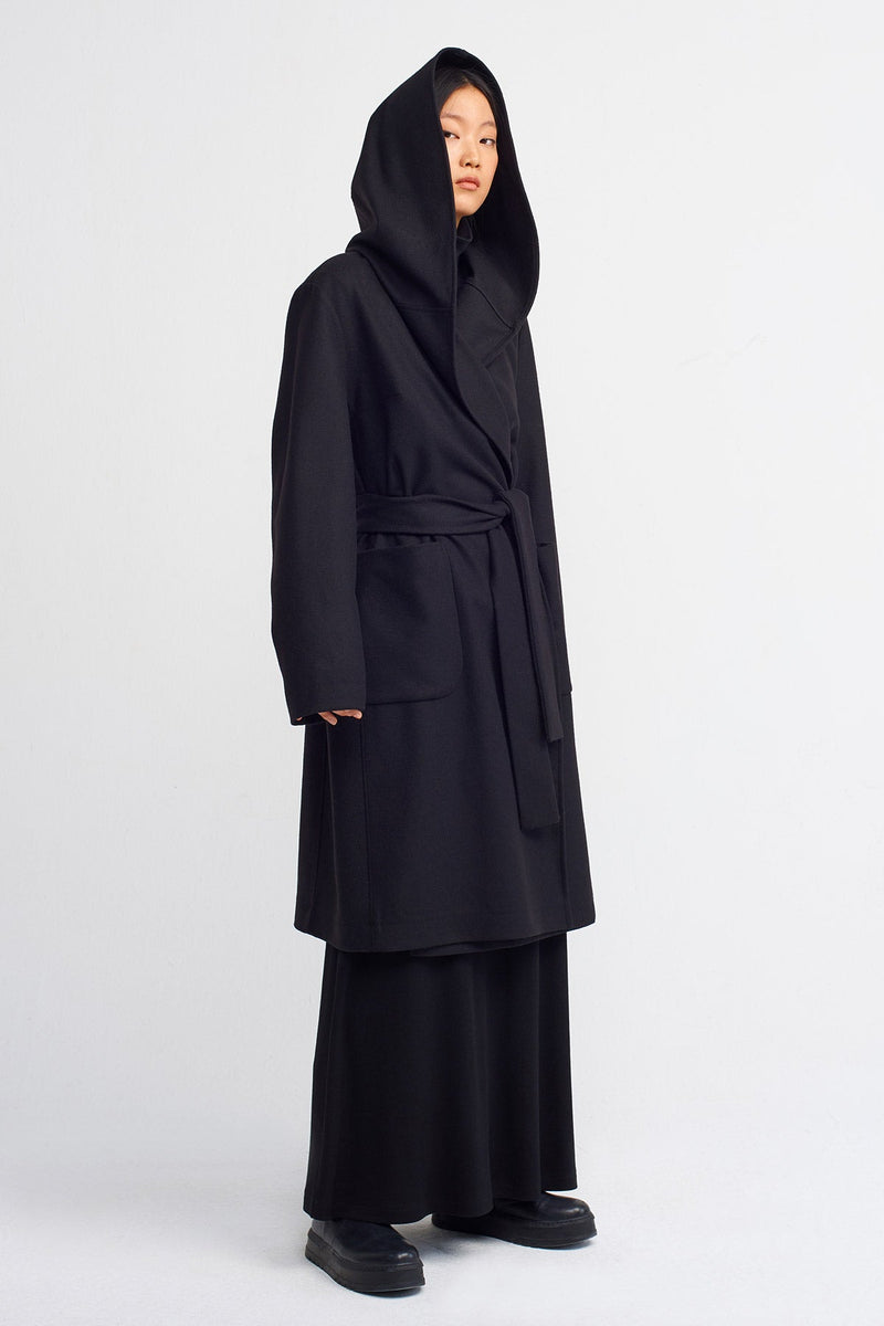 Nu Loose Midi Coat With Hood Black