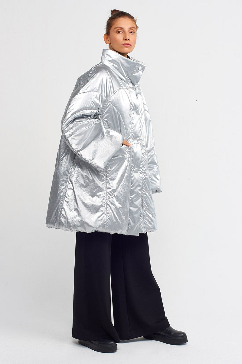 Nu Oversize Puffer Metallic Quilted Jacket Platinum