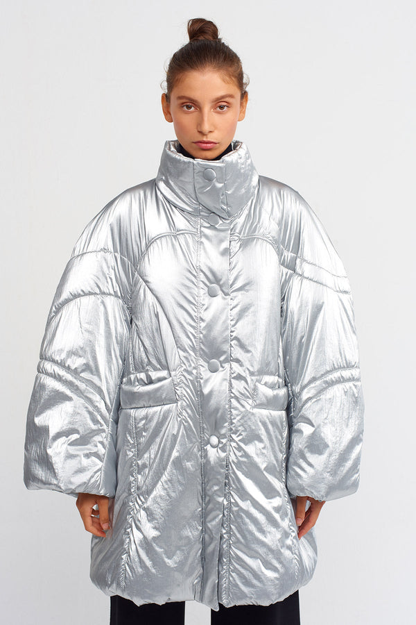 Nu Oversize Puffer Metallic Quilted Jacket Platinum