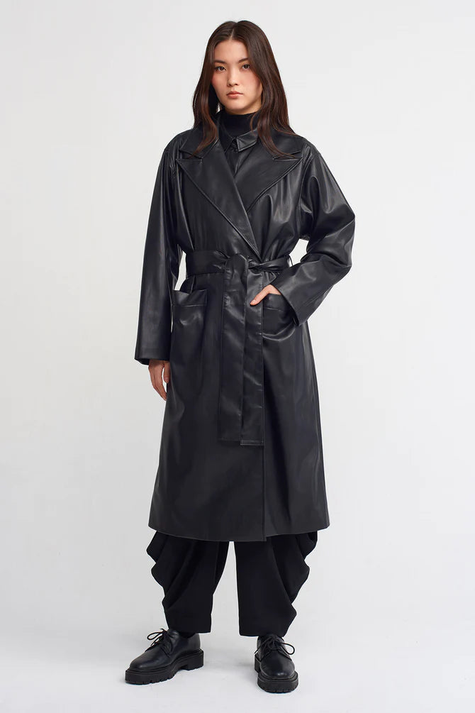 Nu Synthetic Leather Trench Coat Black