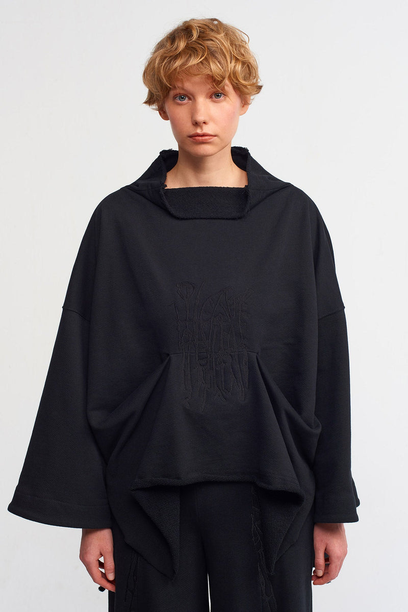 Nu Embroidered Detail Asymmetrical Sweatshirt Black