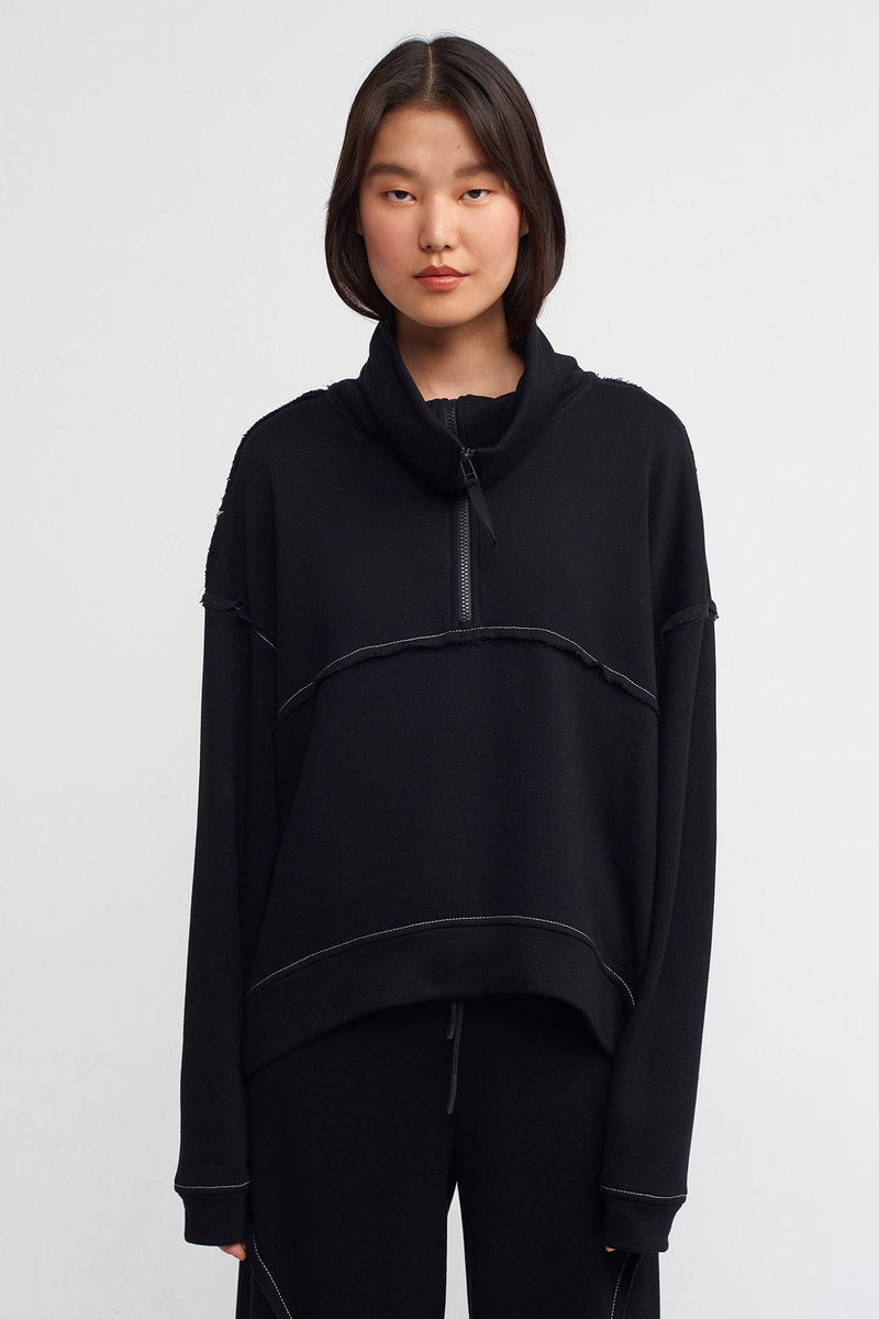 Nu Zip Collar Contrast Stitched Sweatshirt Natural/Black