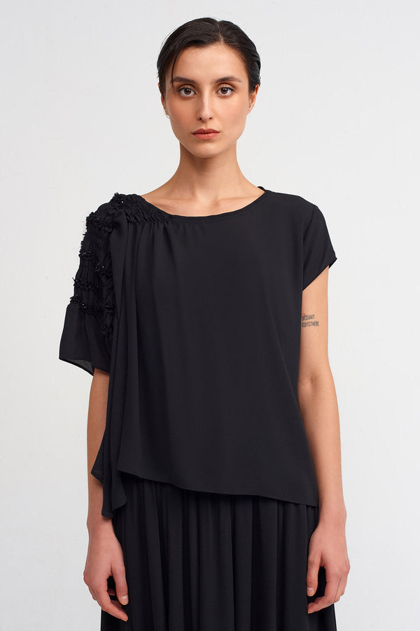 Nu Elastic Gathered Sleeve Stylish Blouse  Black