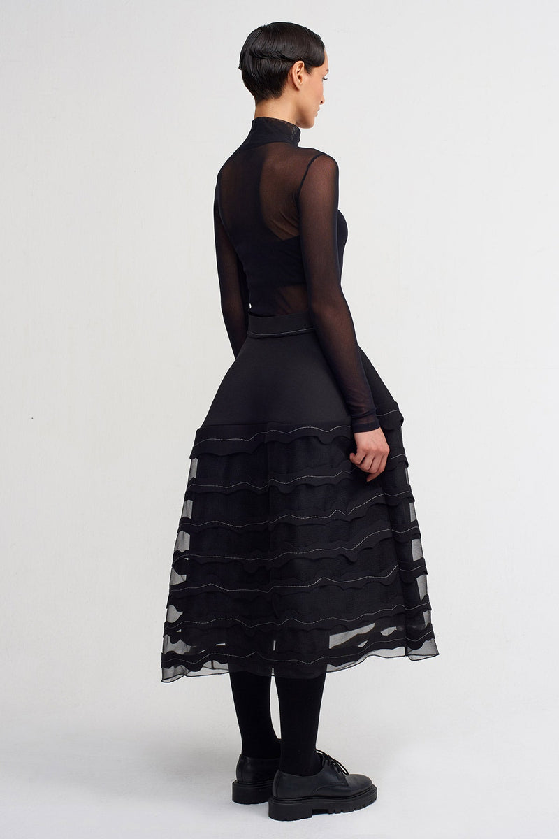 Nu Elegant Midi Skirt With Sheer Details Black