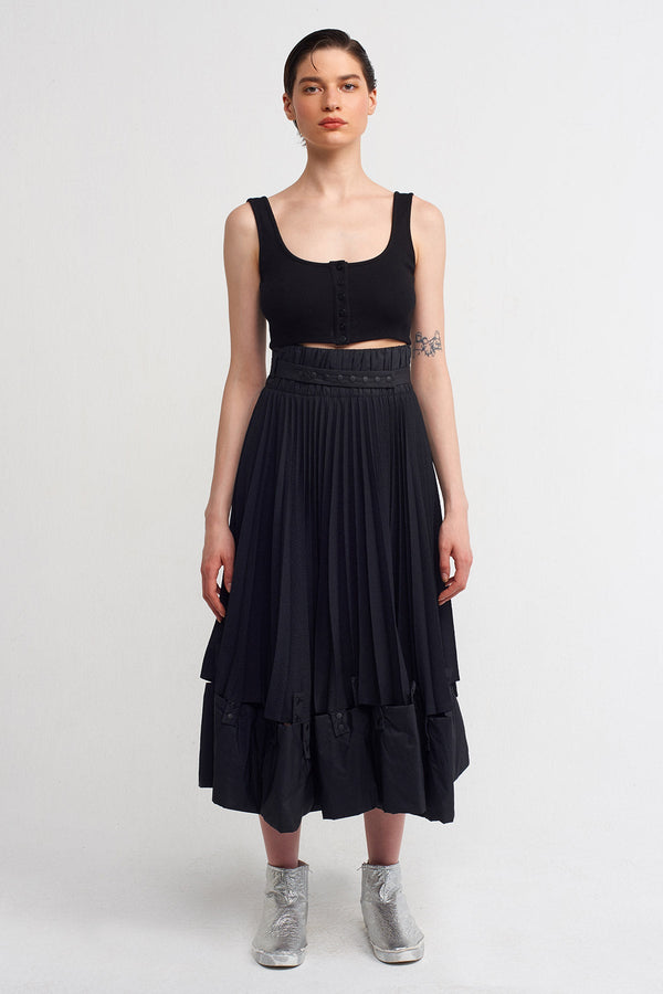 Nu Snap Detailed Pleated Midi Skirt Black