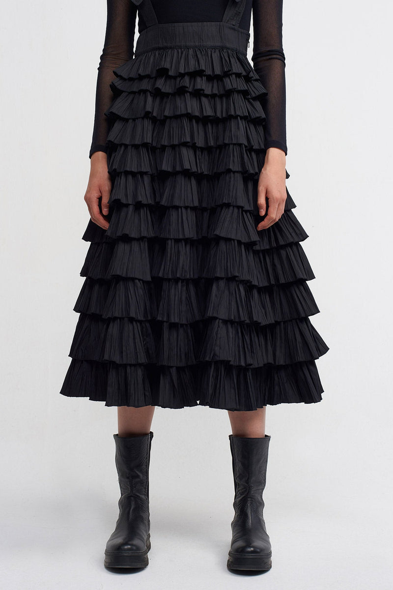 Nu Shoulder Belted Ruffle Skirt Black