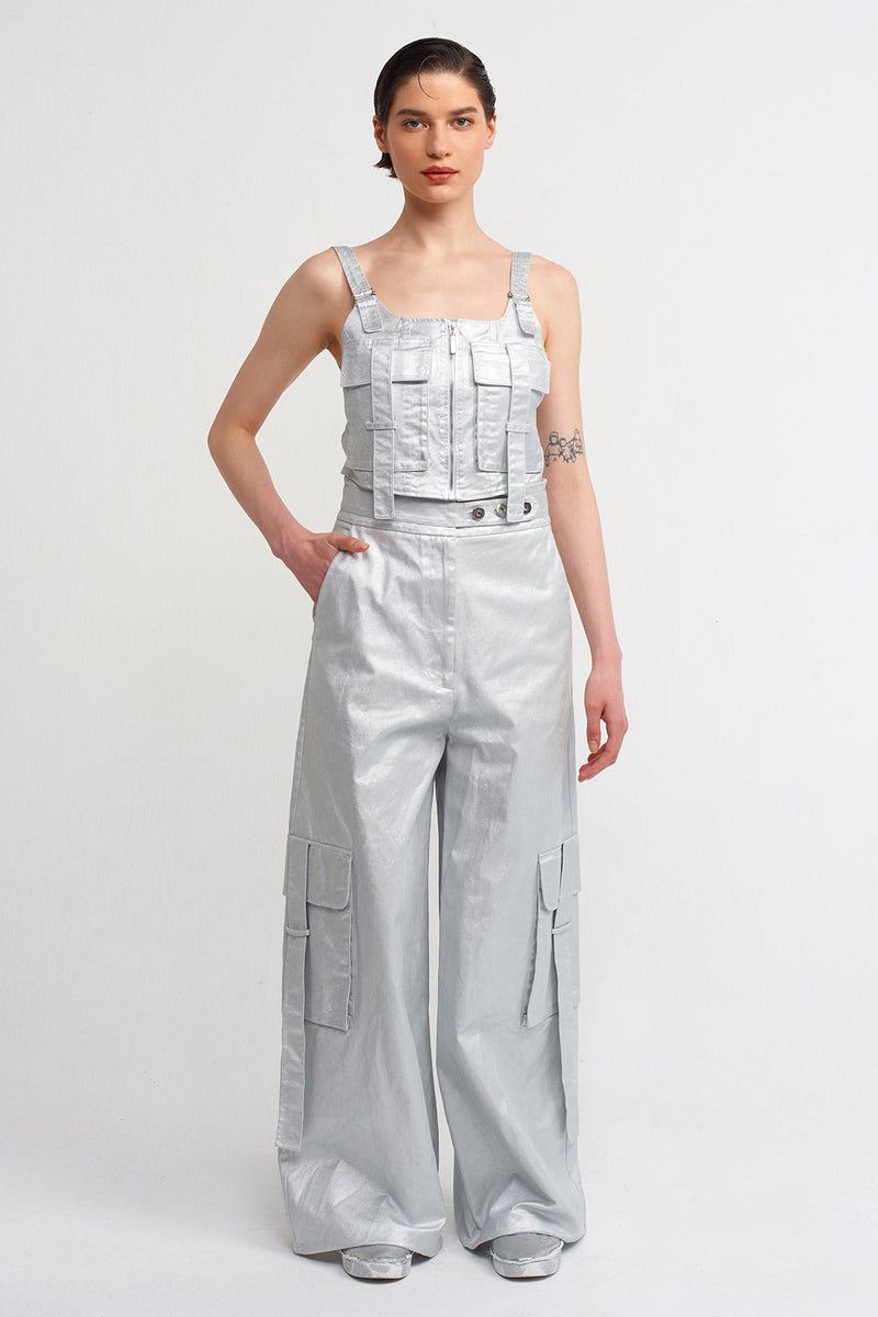 Nu Wide Leg Trousers With Cargo Pocket Silver