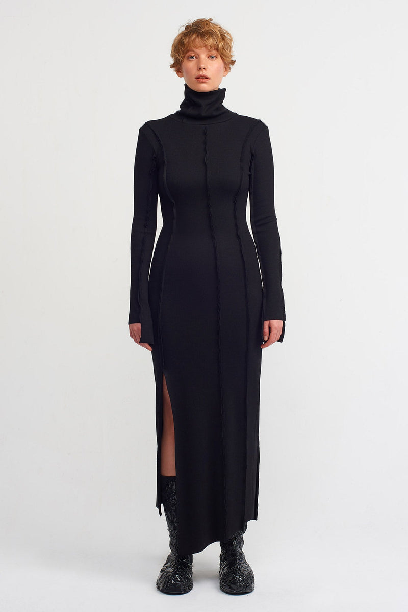 Nu Asymmetrical Turtleneck Ribbed Dress Black