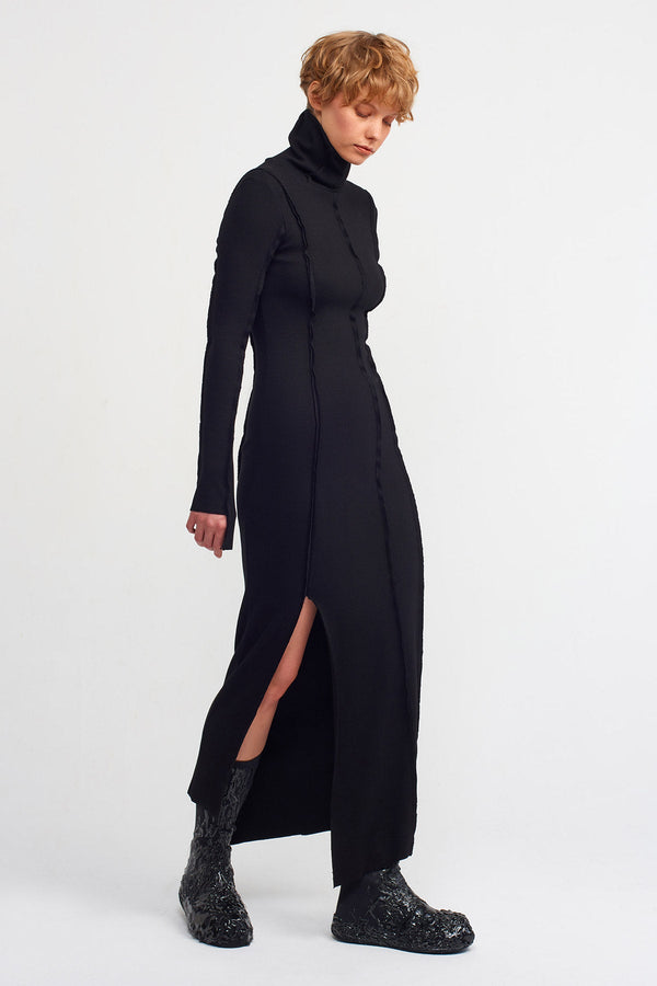 Nu Asymmetrical Turtleneck Ribbed Dress Black