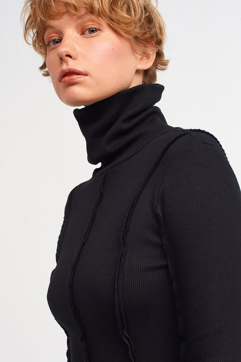 Nu Asymmetrical Turtleneck Ribbed Dress Black