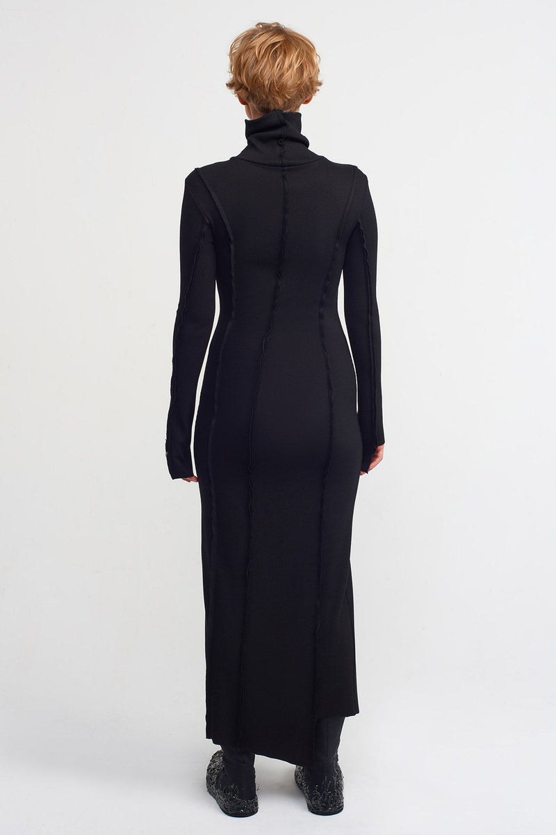 Nu Asymmetrical Turtleneck Ribbed Dress Black