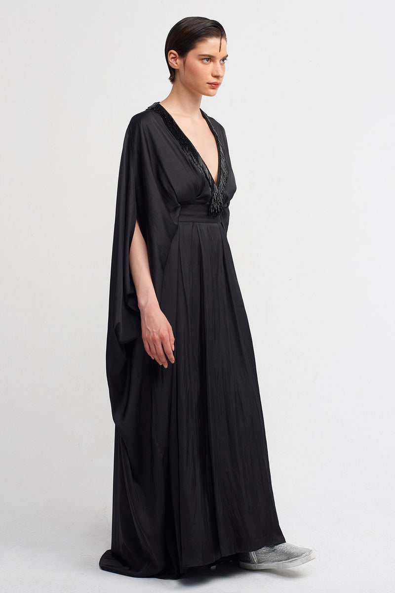 Nu V-Neck Bead Embroidered Long Dress Black