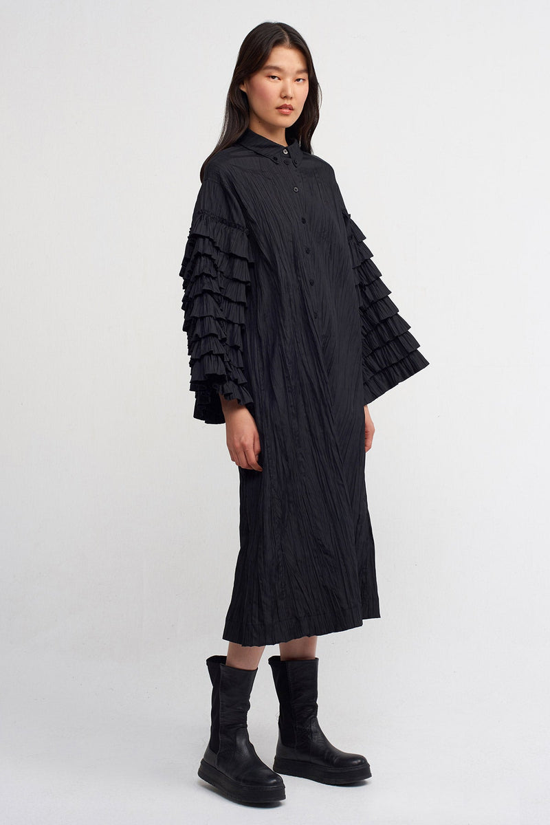 Nu Ruffled Sleeve Detail Shirt Dress Black