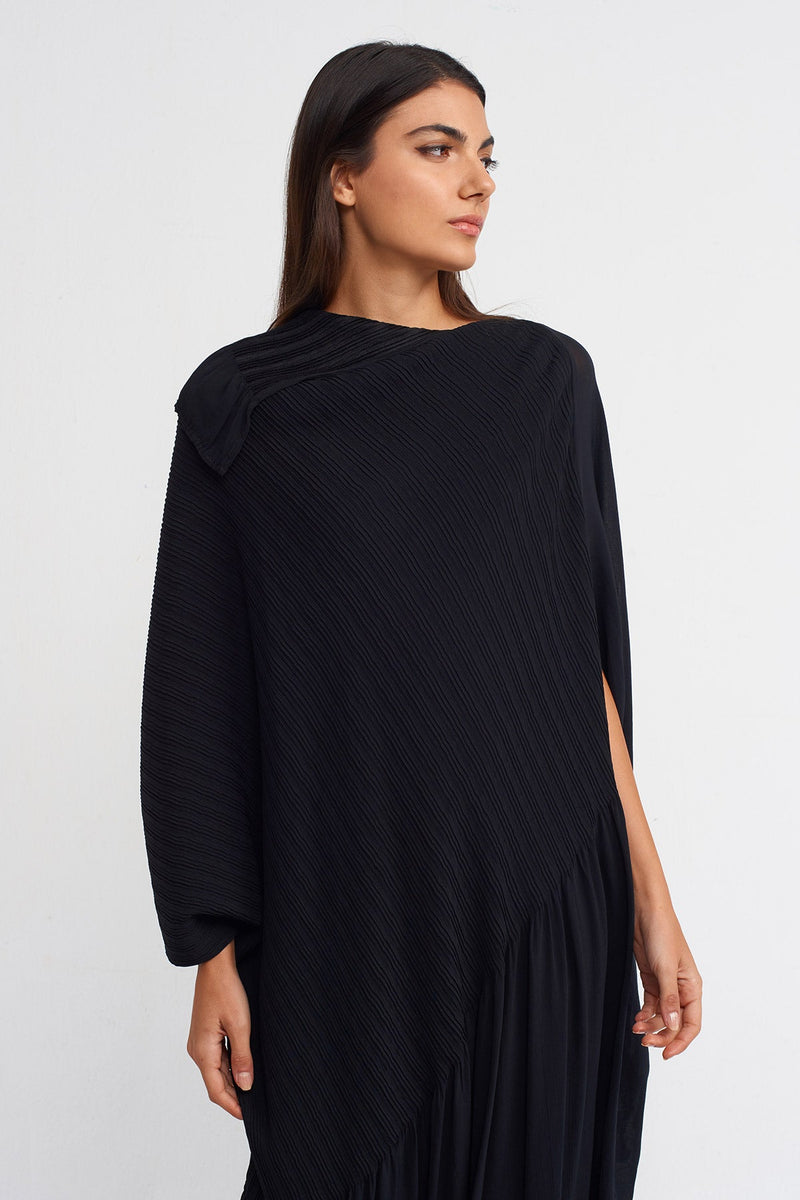 Nu Jacquard Pleated Asymmetric Neck Dress Black