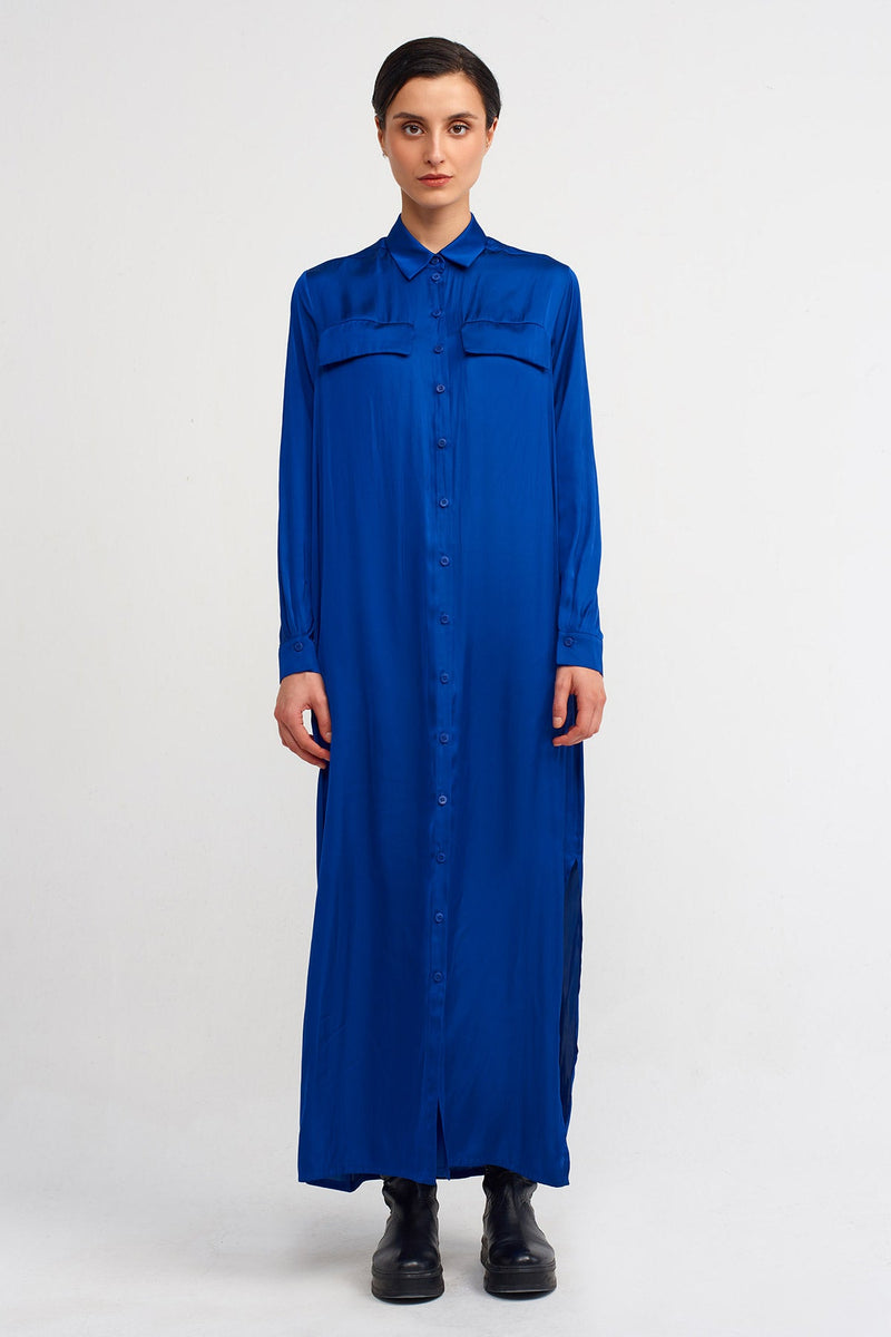 Nu Long Satin Shirt Dress Blue