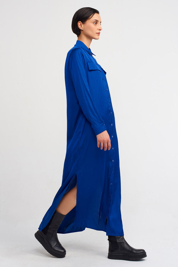 Nu Long Satin Shirt Dress Blue