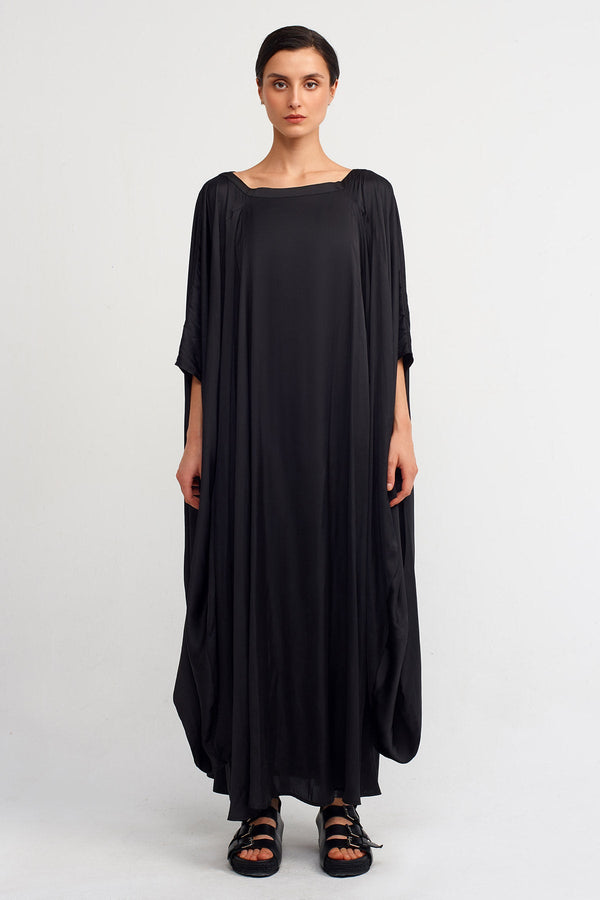 Nu Wide Collar Flowy Satin Dress Black