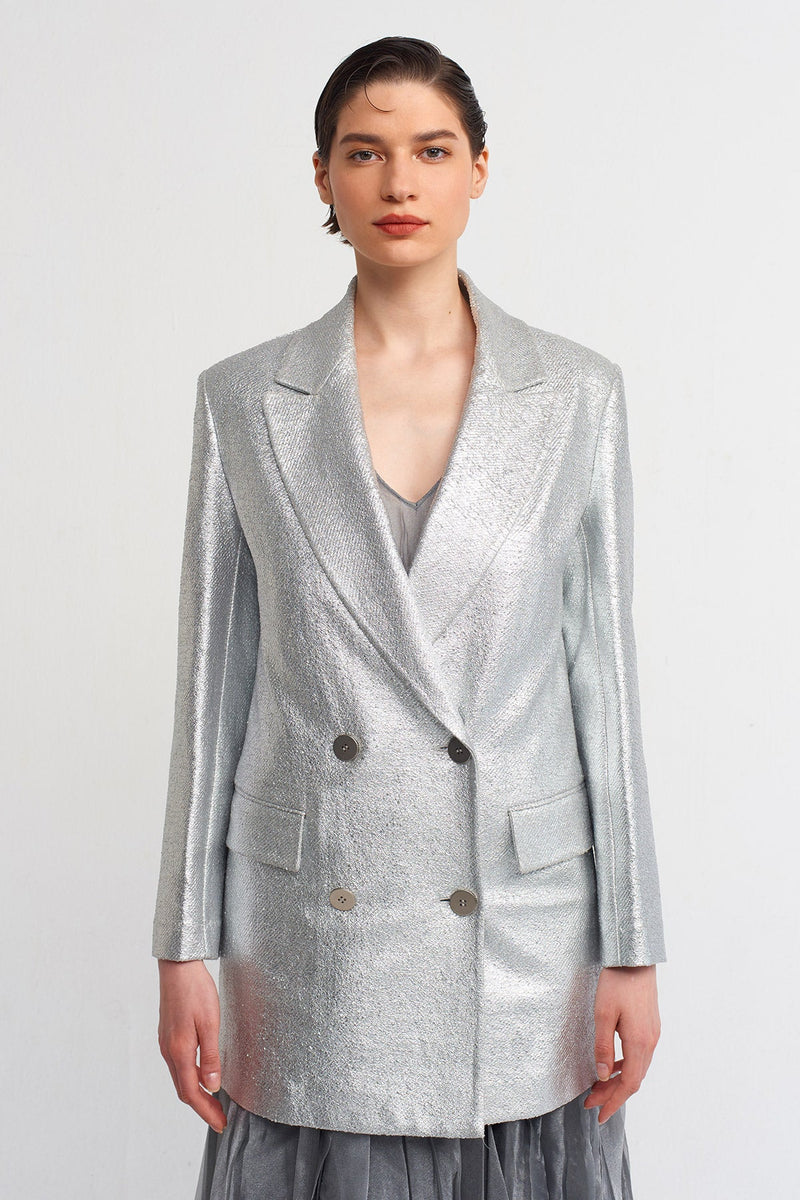 Nu Metallic Long Sleeve Blazer Jacket Silver