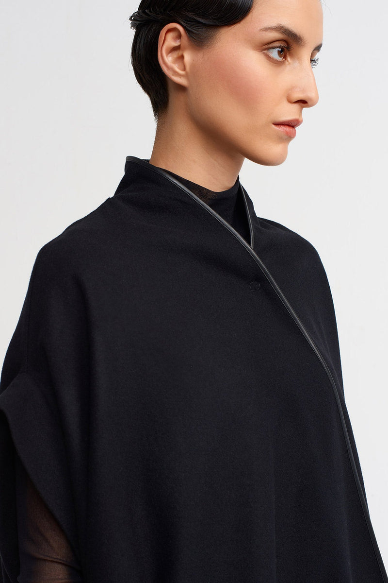 Nu Leather Trimmed Cape Jacket Black