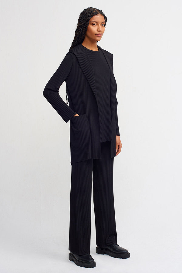 Nu Hooded Long Back Pleated Cardigan Black