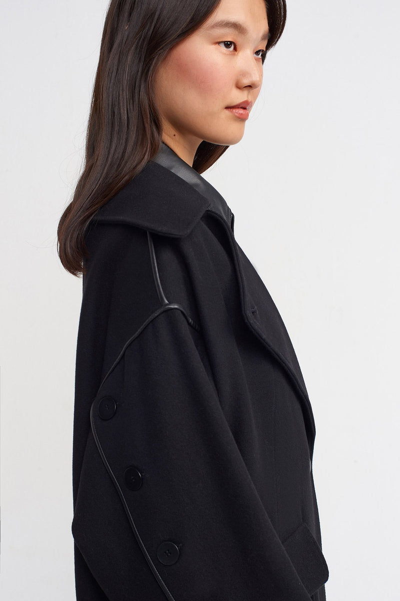 Nu Oversized Coat With Leather Trim Detail Black