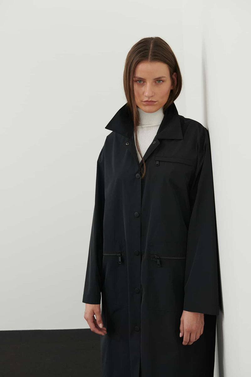 Roman Solid Midi Trench Coat Black