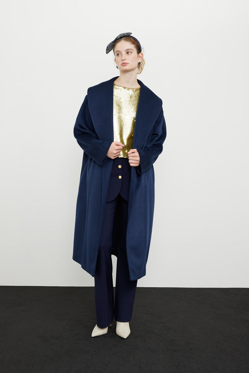 Roman Shawl Collar Belted Coat  Navy